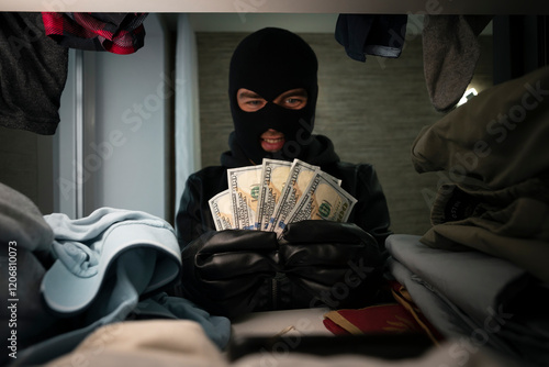 thief in a black mask searches a closet with clothes in search of cash or valuables. Apartment theft. A search of the house. Petty crime photo