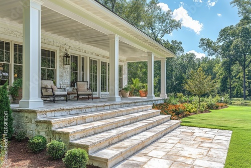 Large white front porch with stone steps and arbor entrance to a home in Lapine Lake, Georgia. Two chairs and lush trees create a peaceful outdoor setting with green grass underfoot. photo