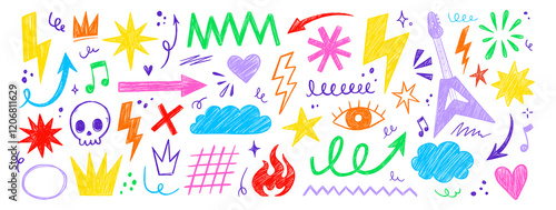 Hand drawn rock punk music star grunge tattoo doodle icon element set. Crayon brush stroke hand drawn sketch style doodle rock punk lightning tattoo. Crayon scribble music star vector illustration.