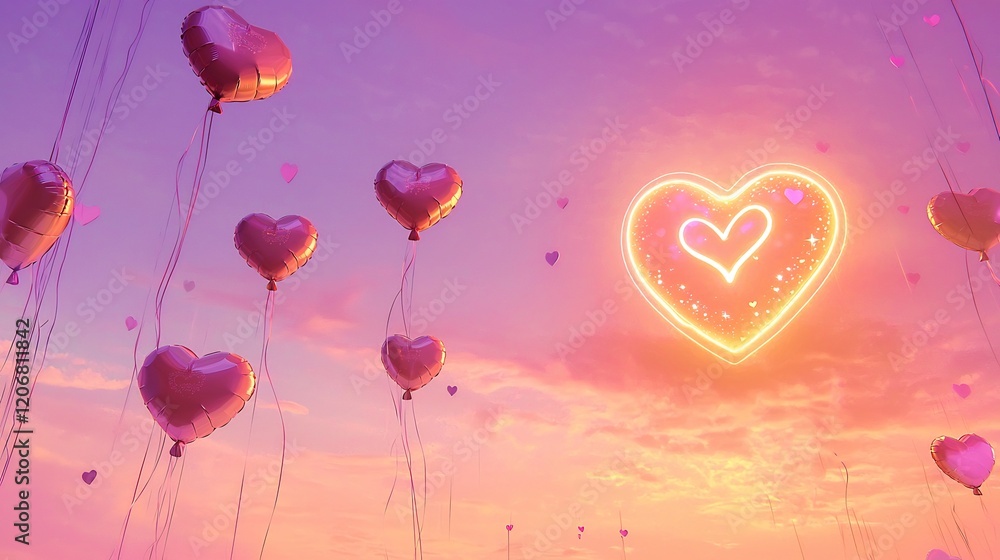 Heart balloons floating a soft pink and purple Saint Valentine sky with a luminous Valentine heart radiating love Heart balloons floating a soft pink and purple Saint Valentine sky with a luminous Valentine heart radiating love