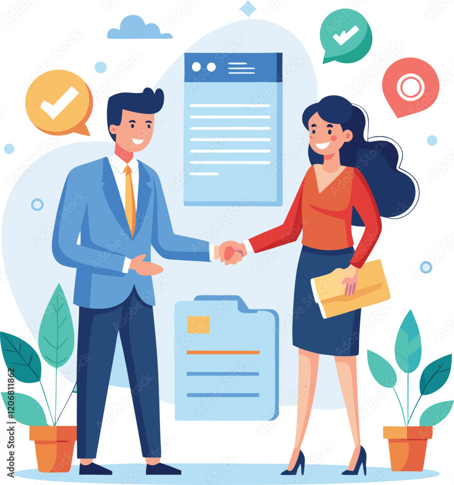 Obraz premium People shaking hands at work - Two businesspeople, man and woman doing handshake in office at work while smiling over business agreement and deal. Flat design stock illustration on white background