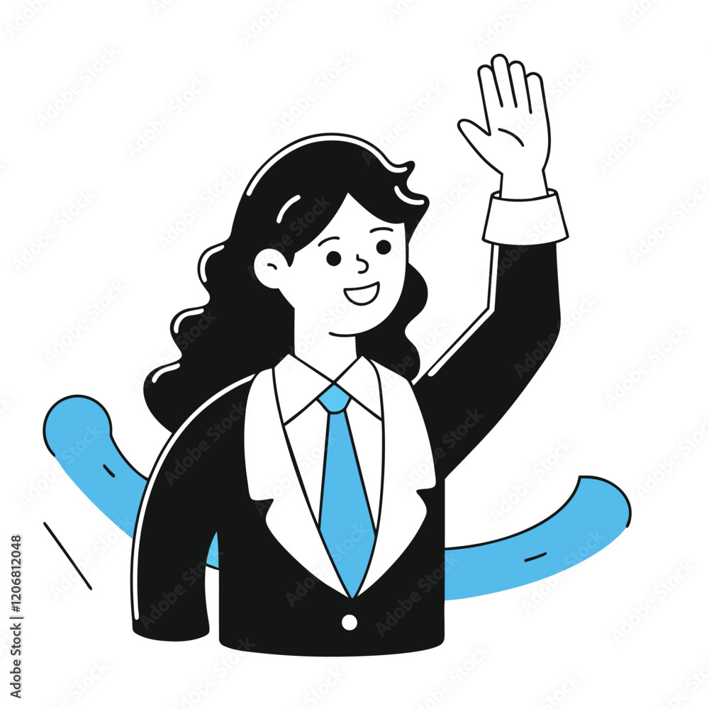 Smiling businesswoman raising her hand in greeting Smiling businesswoman raising her hand in greeting