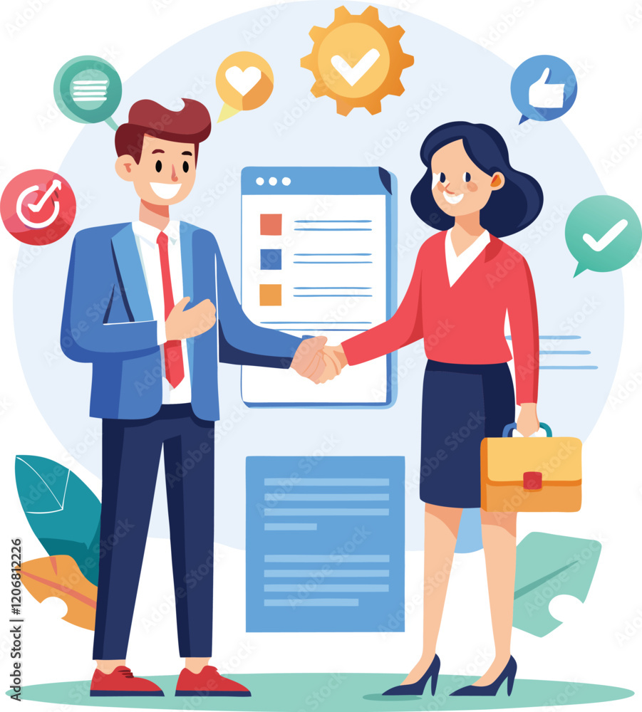 Fototapeta premium People shaking hands at work - Two businesspeople, man and woman doing handshake in office at work while smiling over business agreement and deal. Flat design stock illustration on white background