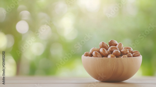 Hazelnuts in Wooden Bowl: A rustic wooden bowl brimming with healthy hazelnuts sits on a wooden table against a softly blurred background of lush green foliage. photo