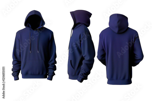 Minimalist black hoodie shown from front, side, and back views, featuring drawstrings and a stylish design, perfect for casual, sporty, and modern fashion, isolated on white background.

 photo