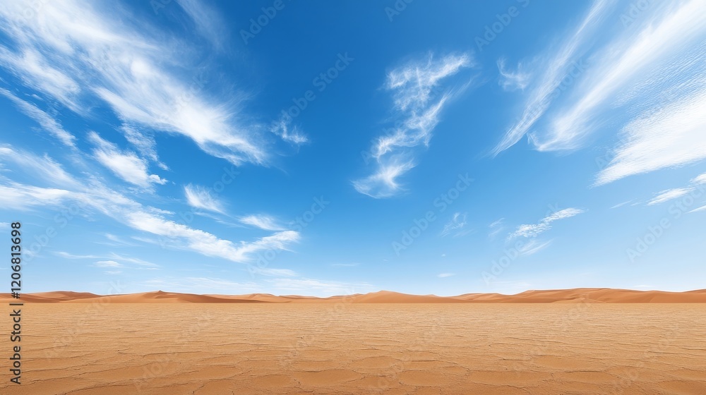 Vast Desert Landscape Under Clear Blue Sky with Wispy Clouds, Featuring Textured Sand Dunes and Endless Horizon in Bright Sunlight, Perfect for Nature and Travel Themes Vast Desert Landscape Under Clear Blue Sky with Wispy Clouds, Featuring Textured Sand Dunes and Endless Horizon in Bright Sunlight, Perfect for Nature and Travel Themes
