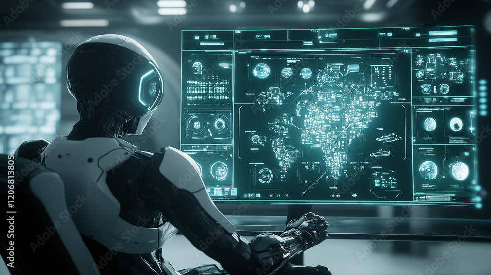 AI Monitoring Global Network: A futuristic robot sits before a large screen displaying a complex, glowing network map, suggesting advanced AI monitoring and data analysis. AI Monitoring Global Network: A futuristic robot sits before a large screen displaying a complex, glowing network map, suggesting advanced AI monitoring and data analysis.