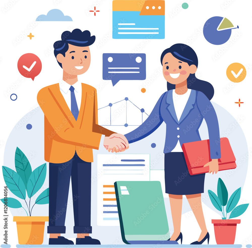 Fototapeta premium People shaking hands at work - Two businesspeople, man and woman doing handshake in office at work while smiling over business agreement and deal. Flat design stock illustration on white background
