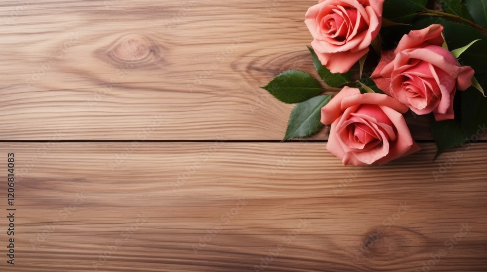 Pink roses arranged on a wooden surface create a warm, inviting atmosphere. Pink roses arranged on a wooden surface create a warm, inviting atmosphere.