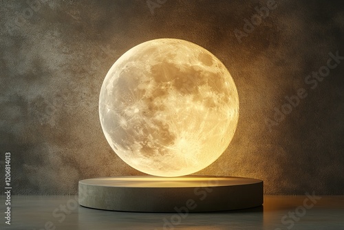 Fototapeta Naklejka Na Ścianę i Meble -  Illuminated full moon on a pedestal against a dark textured background.