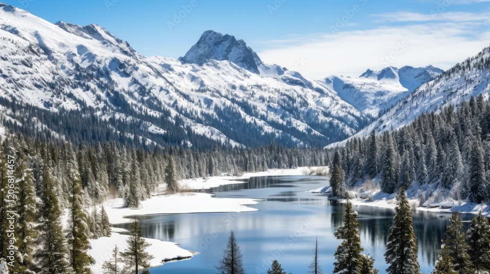 Snow-capped mountains reflect in a serene lake surrounded by evergreen trees. Snow-capped mountains reflect in a serene lake surrounded by evergreen trees.