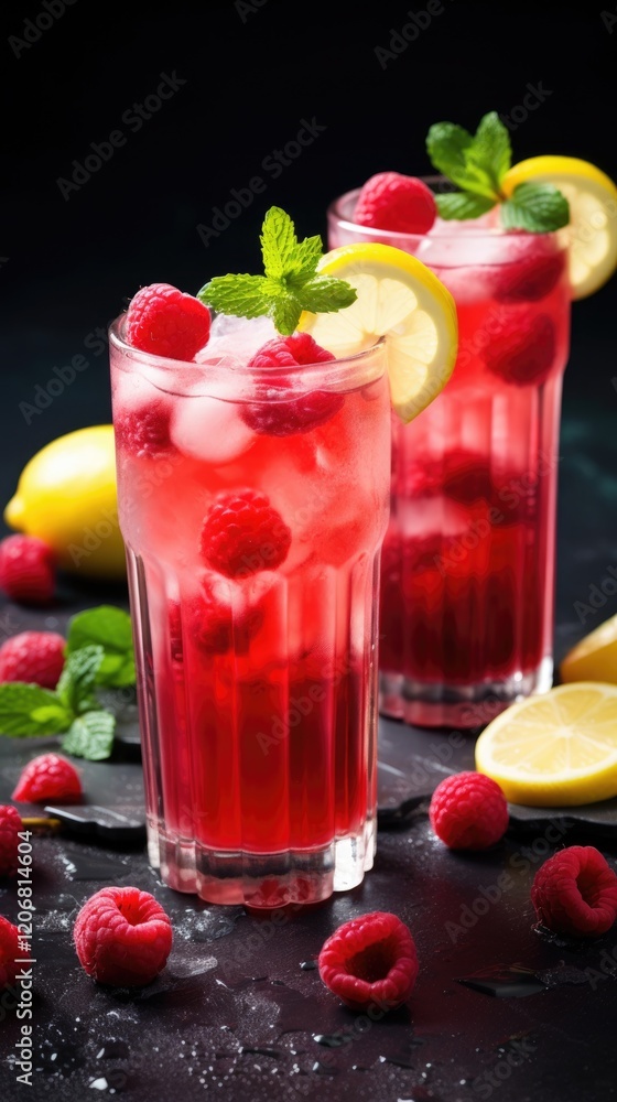 Refreshing raspberry lemonade drinks garnished with mint and lemon slices.