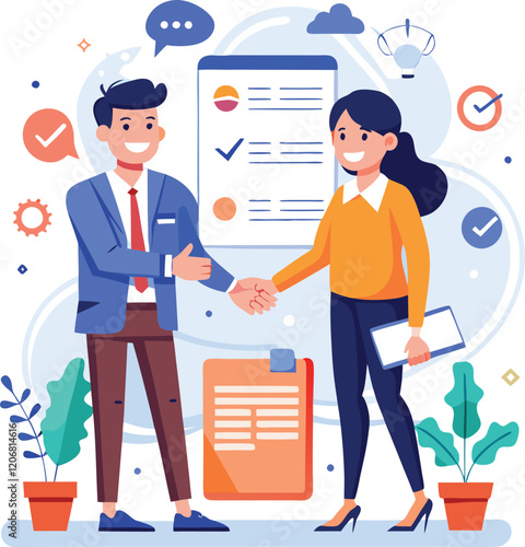 People shaking hands at work - Two businesspeople, man and woman doing handshake in office at work while smiling over business agreement and deal. Flat design stock illustration on white background