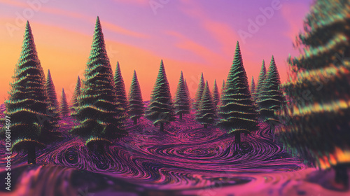 Psychedelic pine tree landscapes vibrant surreal color abstract forest scene dreamlike unique artistic trippy decor health self explore mental trave pride parade rainbow Christmas home decor poster