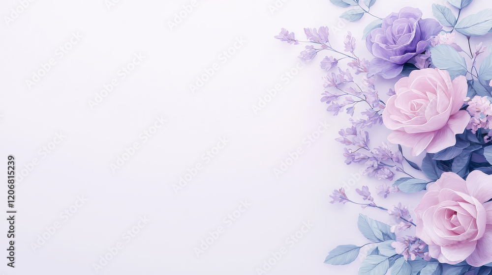 Soft lavender and pink roses with delicate leaves and flowers on white background, Blank background space for text Soft lavender and pink roses with delicate leaves and flowers on white background, Blank background space for text