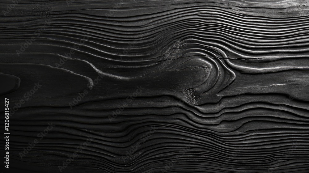 Fototapeta premium Detailed texture of black wood panel from a natural tree, offering a beautiful, dark pattern with an empty surface for creative design purposes.