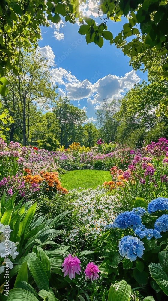 Beautiful colorful tulips blooming in spring botanical garden under blue sky Beautiful colorful tulips blooming in spring botanical garden under blue sky