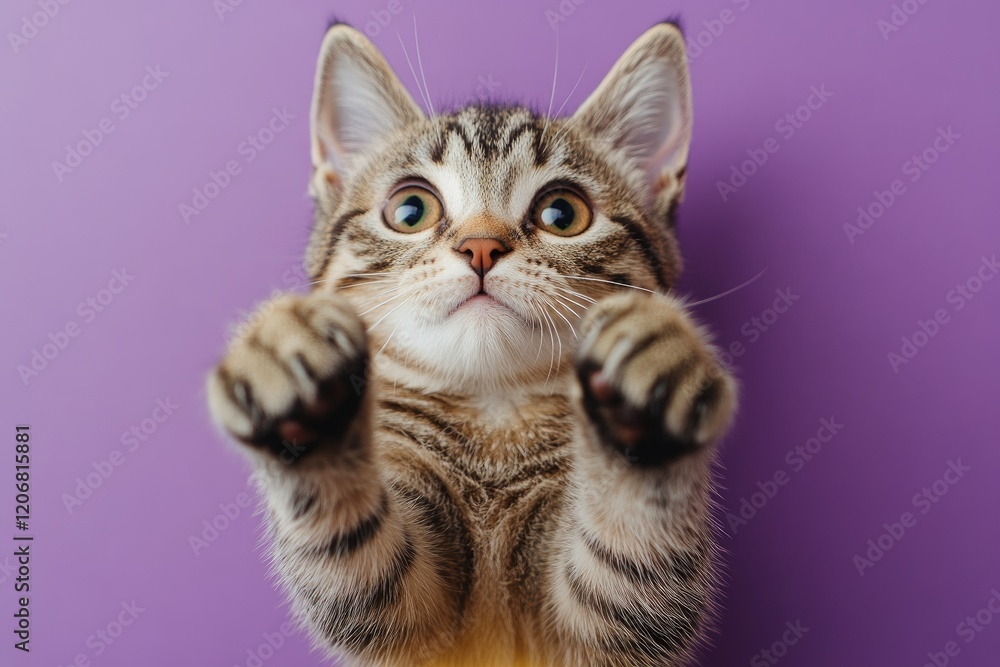 Playful tabby kitten reaching out on purple background Playful tabby kitten reaching out on purple background