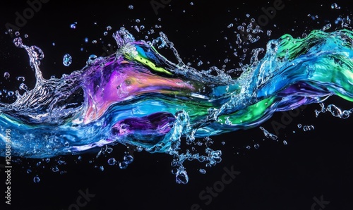 A colorful water splash shaped like a wave, mixed with vibrant hues of blue, green, and purple. The dynamic composition highlights the beauty and  motion against a black background. 