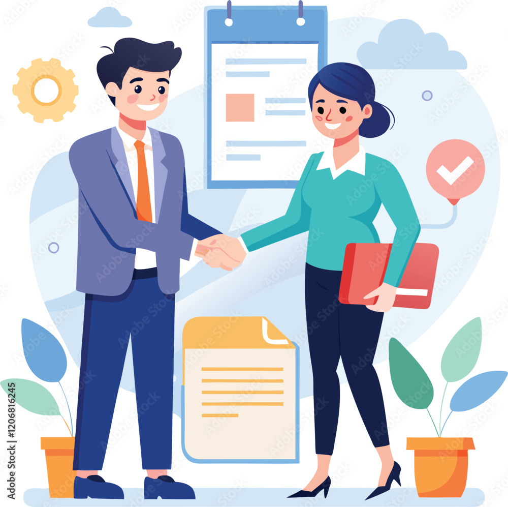 Fototapeta premium People shaking hands at work - Two businesspeople, man and woman doing handshake in office at work while smiling over business agreement and deal. Flat design stock illustration on white background