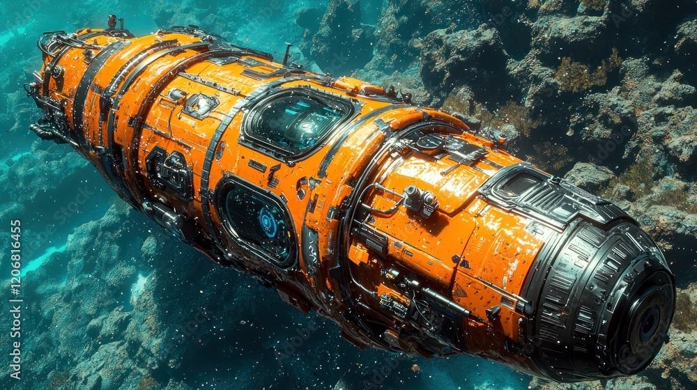 Submarine Exploration: Futuristic Orange Vessel in Underwater Reef Submarine Exploration: Futuristic Orange Vessel in Underwater Reef