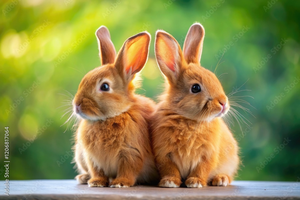 A close-up reveals two fluffy bunnies snuggled side-by-side, adorable and fluffy. A close-up reveals two fluffy bunnies snuggled side-by-side, adorable and fluffy.