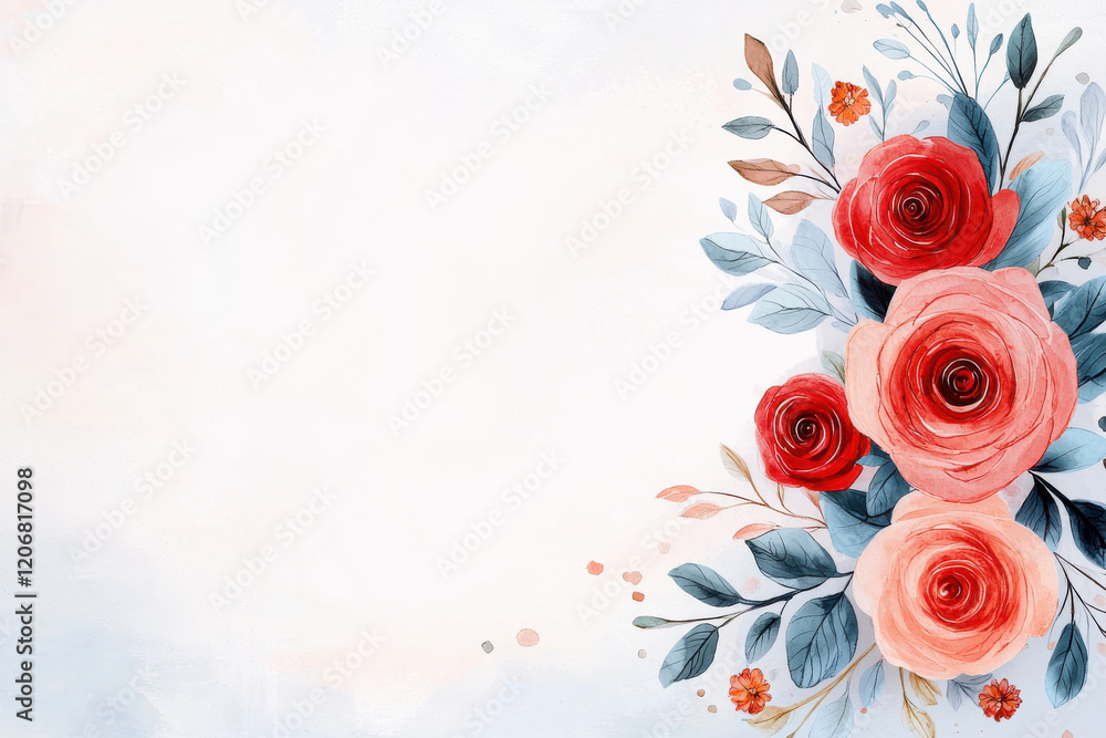 Hand drawn floral arrangement with red and coral roses on soft white background, Blank background space for text Hand drawn floral arrangement with red and coral roses on soft white background, Blank background space for text
