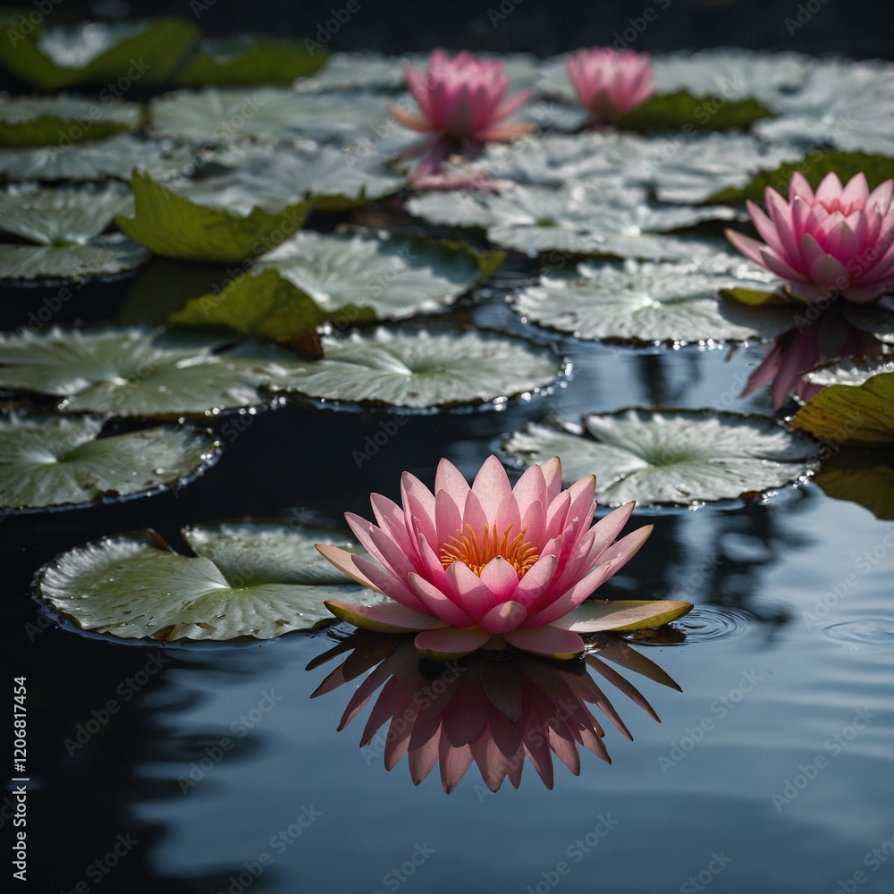 A pink water lily floating serenely on a glassy surface.A lotus-like water lily with intricate petals on a transparent background. A pink water lily floating serenely on a glassy surface.A lotus-like water lily with intricate petals on a transparent background.