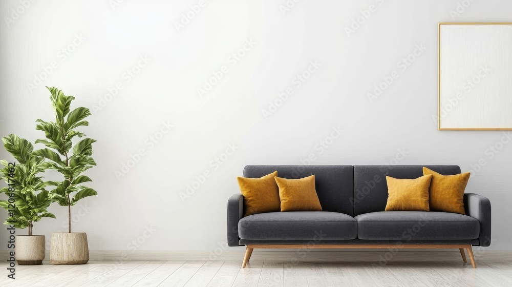 Modern gray sofa with yellow pillows in minimalist living room, blank wall and frame for mockup, bright interior design Modern gray sofa with yellow pillows in minimalist living room, blank wall and frame for mockup, bright interior design
