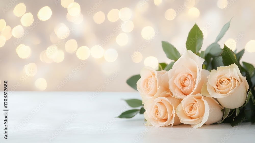 Elegant Soft Peach Roses with Lush Green Leaves on a Light Background with Out of Focus Bokeh Lights, Perfect for Romantic Occasions and Floral Arrangements Elegant Soft Peach Roses with Lush Green Leaves on a Light Background with Out of Focus Bokeh Lights, Perfect for Romantic Occasions and Floral Arrangements