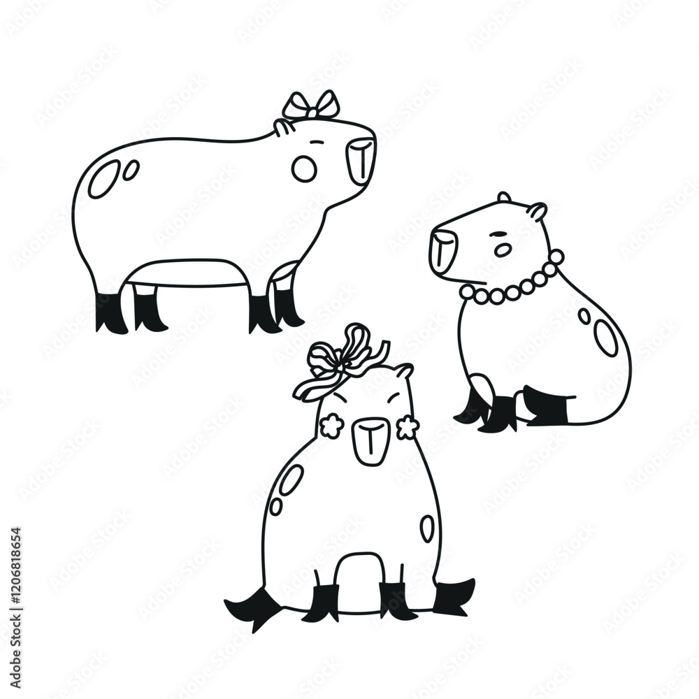 Cute hand drawn illustration set with capybaras dressed in boots and jewelry. Animal vector objects isolated on white. Template for package, gift card, ads design Cute hand drawn illustration set with capybaras dressed in boots and jewelry. Animal vector objects isolated on white. Template for package, gift card, ads design