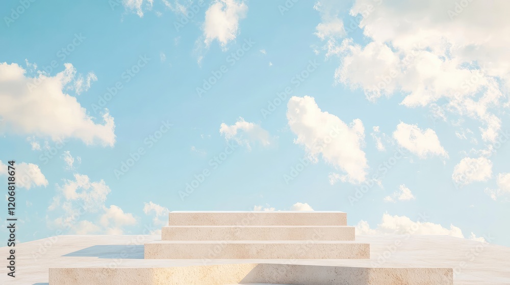 Light beige cement podium on a sky blue background with clouds, creating a minimalist backdrop for product displays or branding mockups. Light beige cement podium on a sky blue background with clouds, creating a minimalist backdrop for product displays or branding mockups.