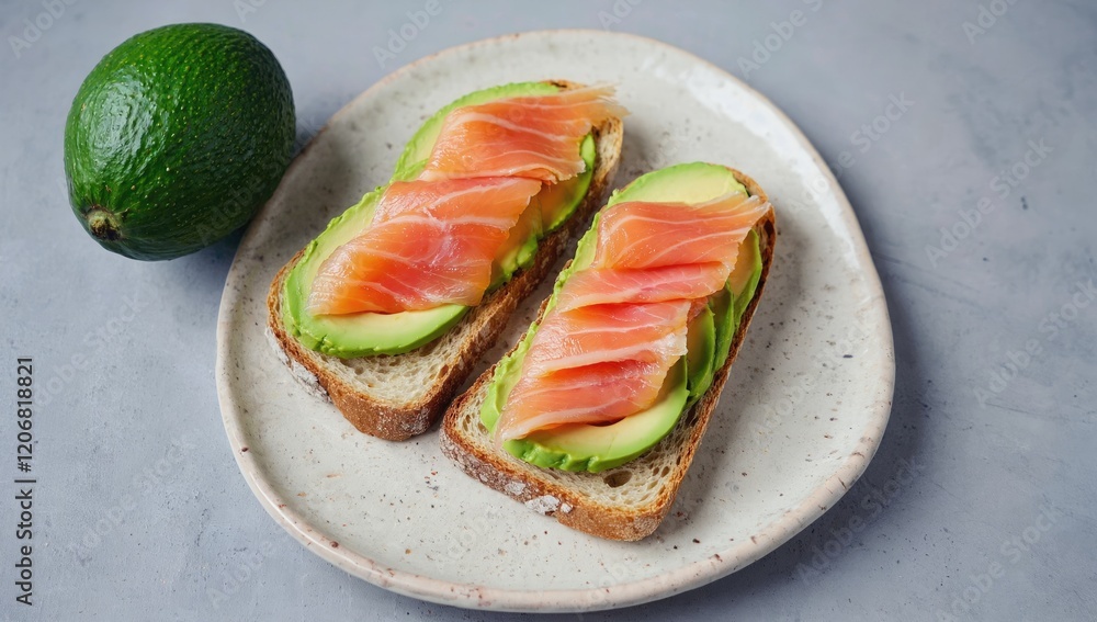 Smoked Salmon and Avocado Toast: Two slices of toasted bread topped with creamy avocado and delicate smoked salmon slices, served on a rustic plate alongside a whole avocado. Smoked Salmon and Avocado Toast: Two slices of toasted bread topped with creamy avocado and delicate smoked salmon slices, served on a rustic plate alongside a whole avocado.