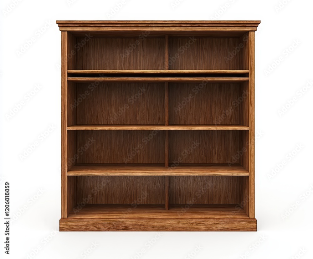 Empty wooden bookcase with five shelves and vertical dividers. Empty wooden bookcase with five shelves and vertical dividers.
