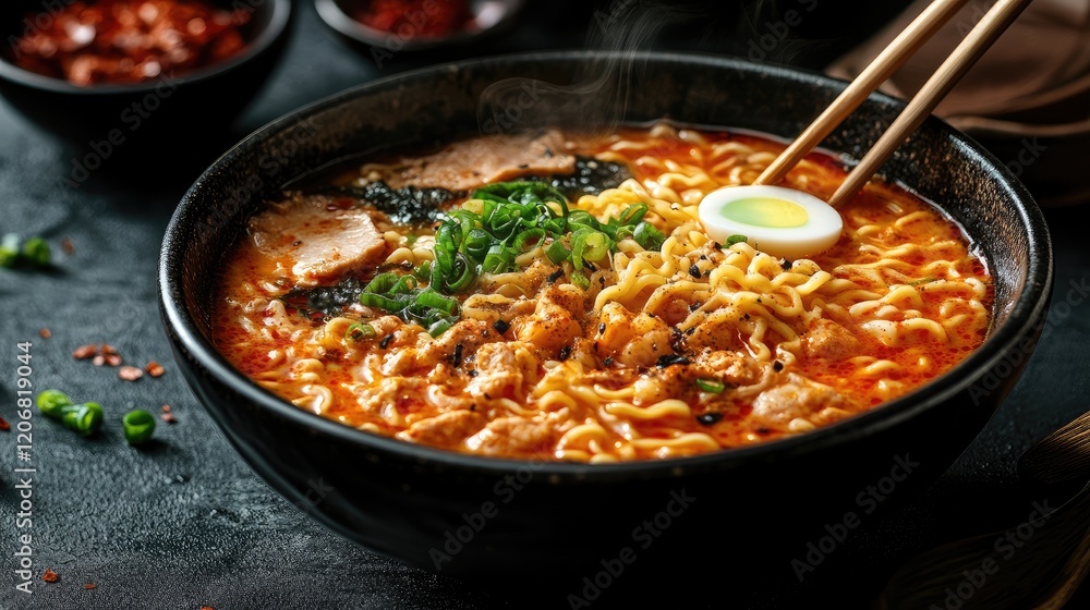 Steaming hot bowl of ramen with chopsticks, egg, and pork Steaming hot bowl of ramen with chopsticks, egg, and pork