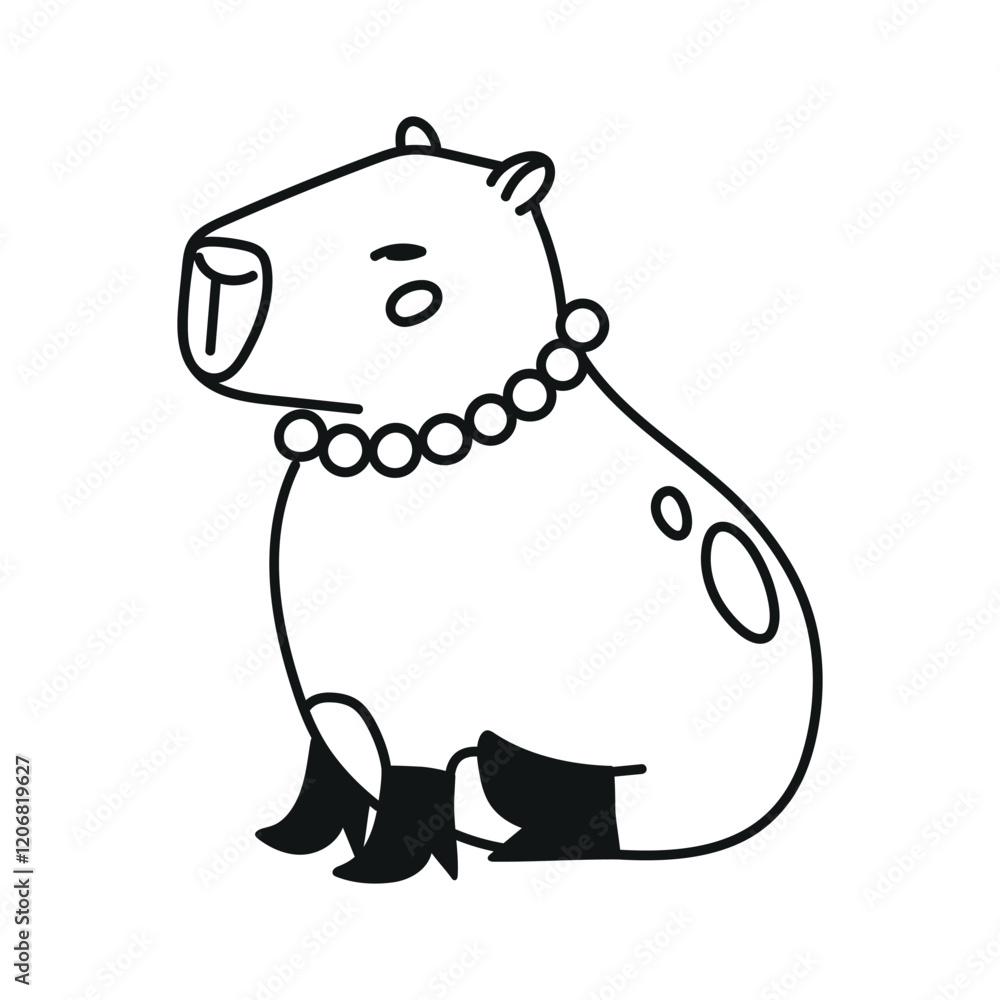 Cute hand drawn illustration with capybara dressed in boots and pearl necklace jewelry. Animal vector design object isolated on white. Template for package, gift card, ads design Cute hand drawn illustration with capybara dressed in boots and pearl necklace jewelry. Animal vector design object isolated on white. Template for package, gift card, ads design