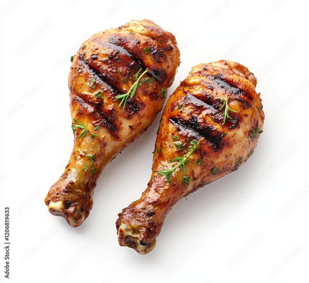 Two grilled chicken drumsticks with rosemary. Two grilled chicken drumsticks with rosemary.