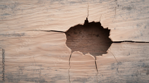 A Hole in Time: A close-up image of a hole in a weathered wooden plank, showcasing a unique, intricate design of cracks and grain.  The darkness within the hole suggests depth and mystery. photo