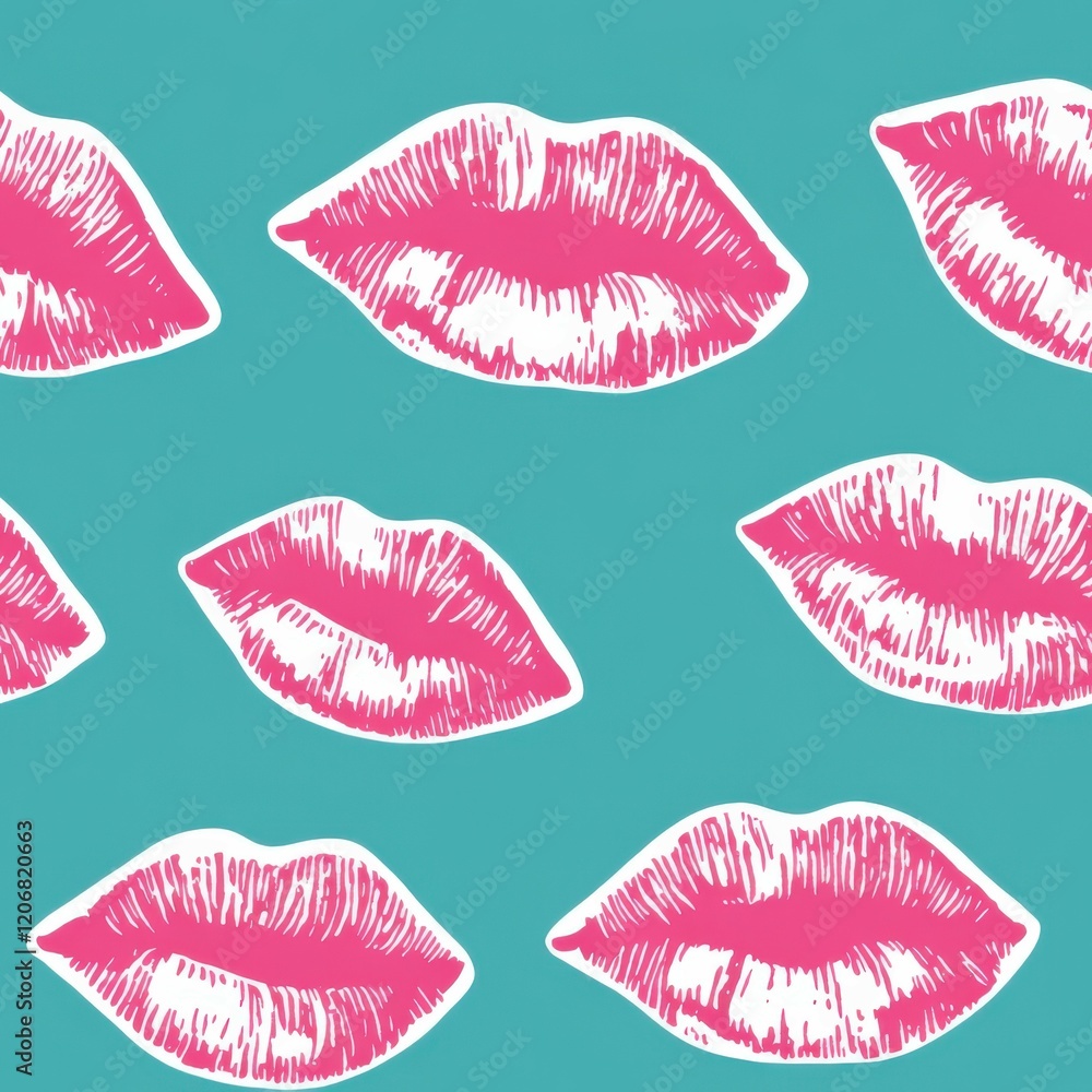 Doodle brush art style hot pink lips prints seamless pattern, repeating pattern, turquoise blue background, valentine pattern, love, chic, eleganc Doodle brush art style hot pink lips prints seamless pattern, repeating pattern, turquoise blue background, valentine pattern, love, chic, eleganc