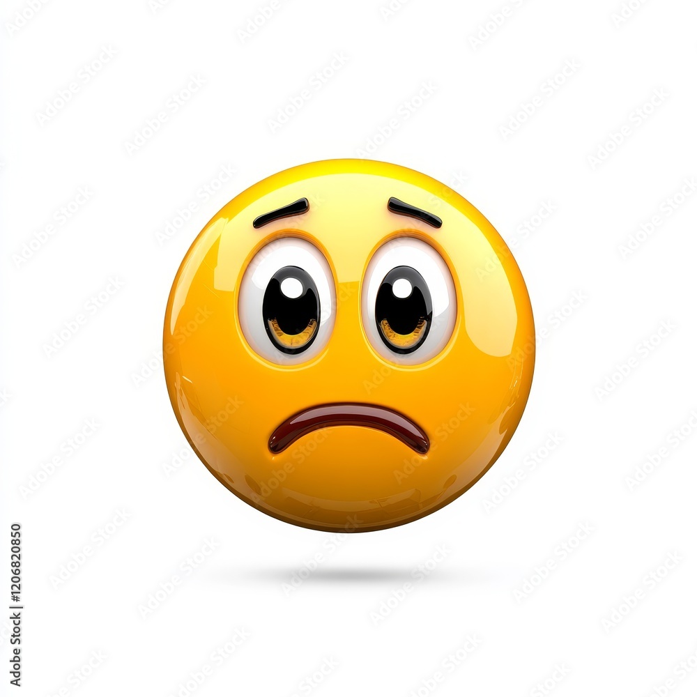 Sad Emoji Face with Big Eyes and Frown, Expressing Emotions and Feelings of Disappointment, Sadness, and Melancholy in a Bright Yellow Color Isolated on White Background Sad Emoji Face with Big Eyes and Frown, Expressing Emotions and Feelings of Disappointment, Sadness, and Melancholy in a Bright Yellow Color Isolated on White Background