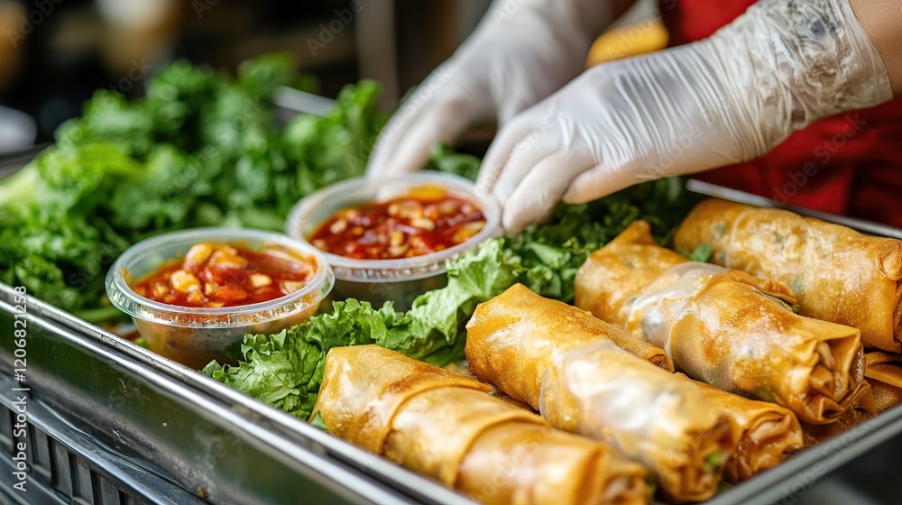 Close-up of freshly made spring rolls with dipping sauces. Close-up of freshly made spring rolls with dipping sauces.