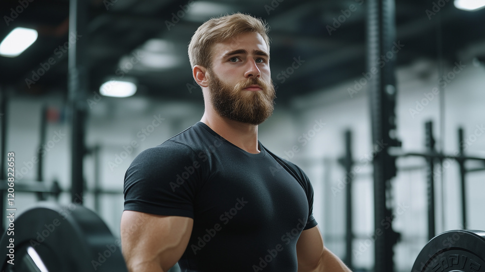 Muscular Determination: A powerfully built man with a determined look, dressed in black, prepares to lift heavy weights in a modern gym, showcasing his strength and athleticism. Muscular Determination: A powerfully built man with a determined look, dressed in black, prepares to lift heavy weights in a modern gym, showcasing his strength and athleticism.