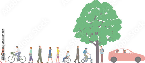 Print会社員やビジネスマンなど歩く人々の通勤風景イラスト