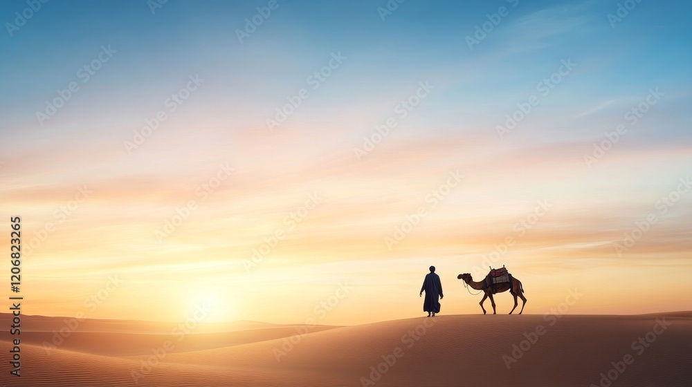 A Solemn Journey Across the Golden Sands: A Traveler Walks with a Camel under a Stunning Sunrise in the Tranquil Desert Landscape A Solemn Journey Across the Golden Sands: A Traveler Walks with a Camel under a Stunning Sunrise in the Tranquil Desert Landscape