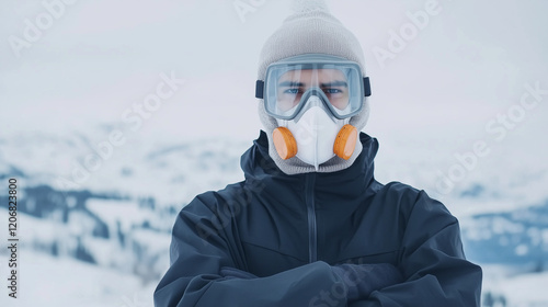 Winter Warrior: A lone figure in a black jacket, ski mask and respirator stares resolutely out from the snowy landscape, defying the cold and harsh elements. photo