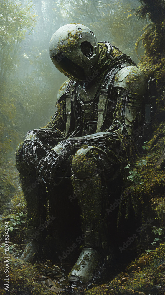 Fototapeta premium Stunning concept art lone armored warrior resting overgrown ruin detailed oil painting mystery solitude vibrant green soldier human antique wild sword ai decay nature fantasy clipart wallpaper game