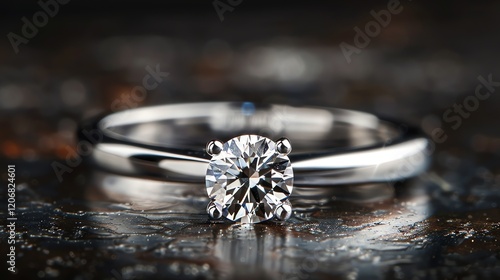 Close-up of a beautiful diamond ring on a dark background. The ring is made of white gold and has a round diamond in the center. photo