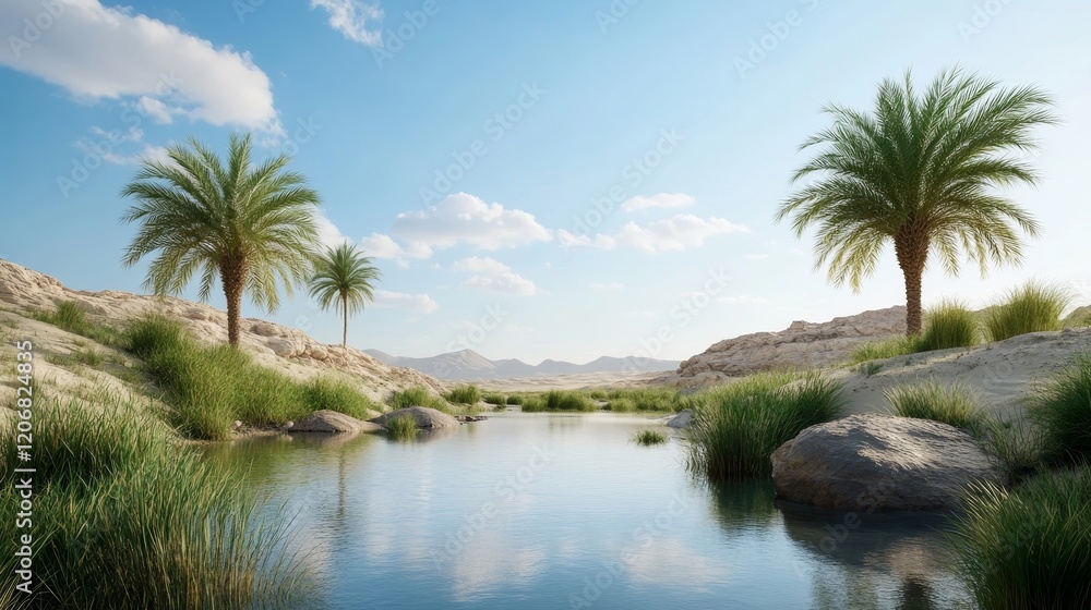 Serene Desert Oasis with Lush Palm Trees, Tranquil Water Reflections, and Scenic Mountain Background Under Clear Blue Sky in Bright Daylight Serene Desert Oasis with Lush Palm Trees, Tranquil Water Reflections, and Scenic Mountain Background Under Clear Blue Sky in Bright Daylight