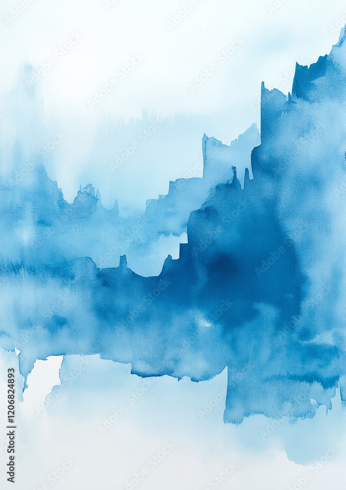 Obraz premium Light blue watercolor background with soft sky-blue and white tones, featuring hand-painted details and delicate brushstrokes, evoking naturalistic landscapes and bright skies, perfect for high-resolu