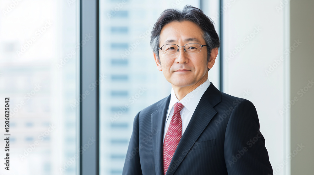 Confident Businessman Portrait: A portrait of a mature, confident Asian businessman in a sharp suit and red tie, standing by a large window overlooking a cityscape. Confident Businessman Portrait: A portrait of a mature, confident Asian businessman in a sharp suit and red tie, standing by a large window overlooking a cityscape.